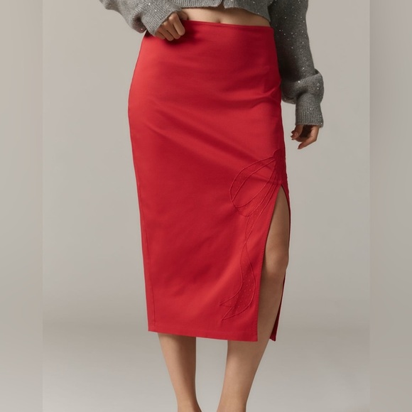 Anthropologie Maeve Red Bow Embroidered Midi Pencil Skirt Size M - Picture 12 of 14